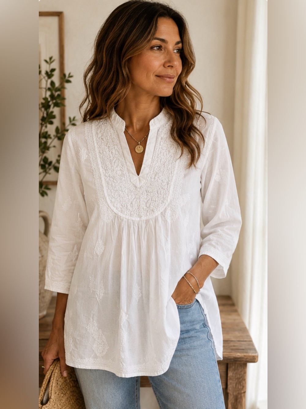 Wisteria White Embroidered Cotton Tunic Top Small Boho Peasant 3/4 Sleeve India